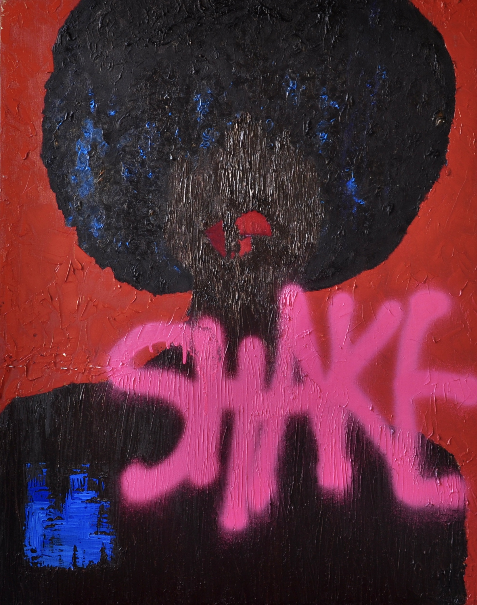 Shake Oil and spray paint on canvas 28 in x 24 in