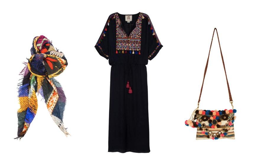 L-R: Sundial Scarf / Naya Dress / Ella Tuk Tuk Clutch
