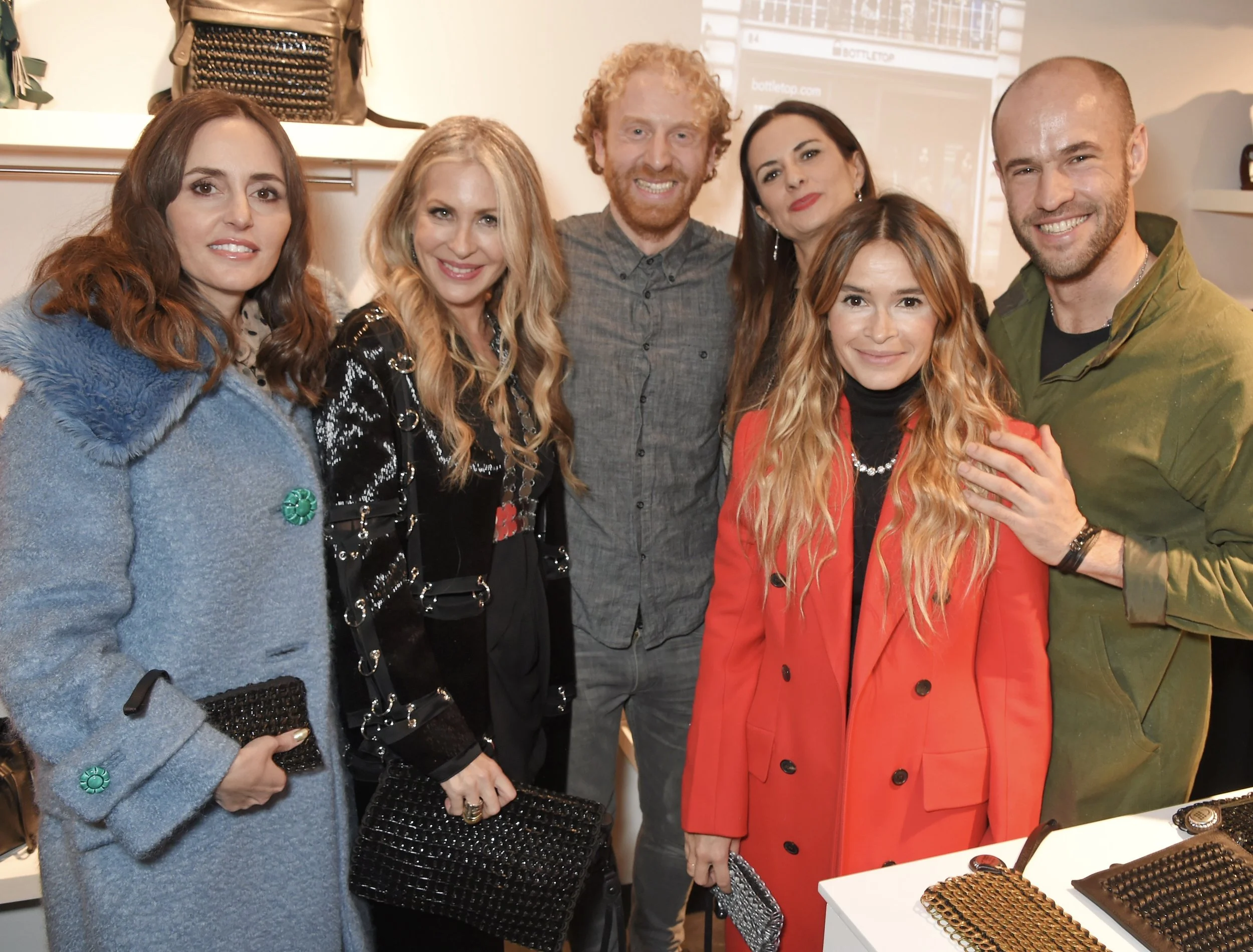 At last night's launch event (L-R): Tania Fares of The BFC Fashion Trust, Carmen, Bottletop co-founder Oliver Wayman, Livia Firth, Mira Duma and Cameron Saul.