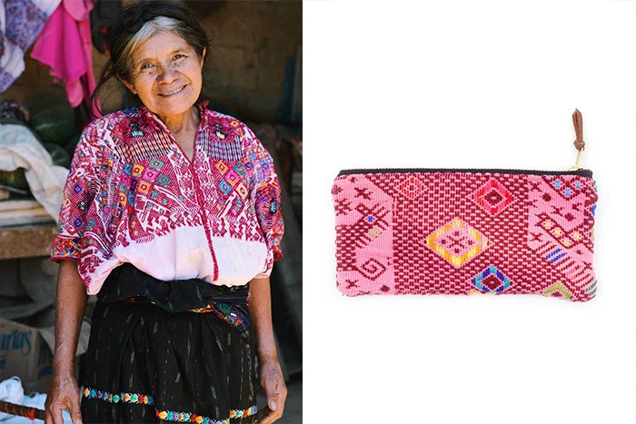Traditional woven huipils worn by Mayan women in Guatemala are repurposed into one-of-a-kind bags and cases.