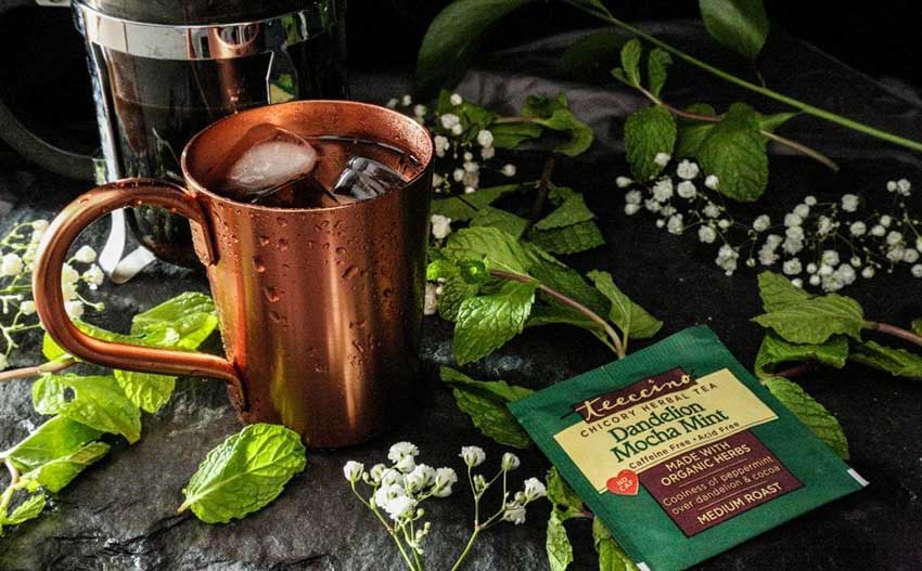 Organic tea Teeccino dandelion mocha mint chicory coffee flowers mug