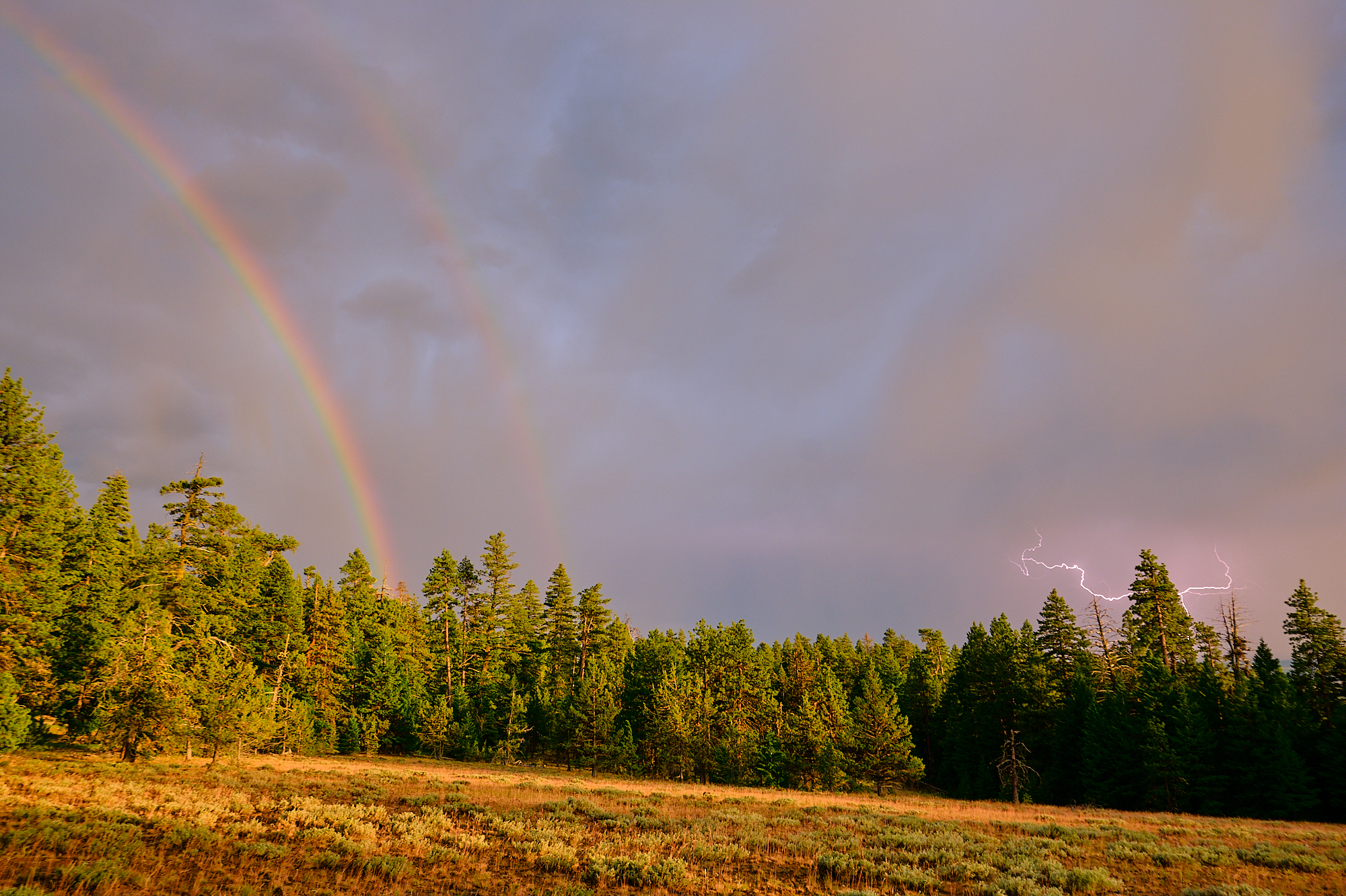 One of the wierdest and most beautiful sunsets I have ever seen. A thunderstorm on the right, a sunny double rainbow on the left, and dramatically lit clouds behind us. | Ochoco National Forest, OR 7/17/18