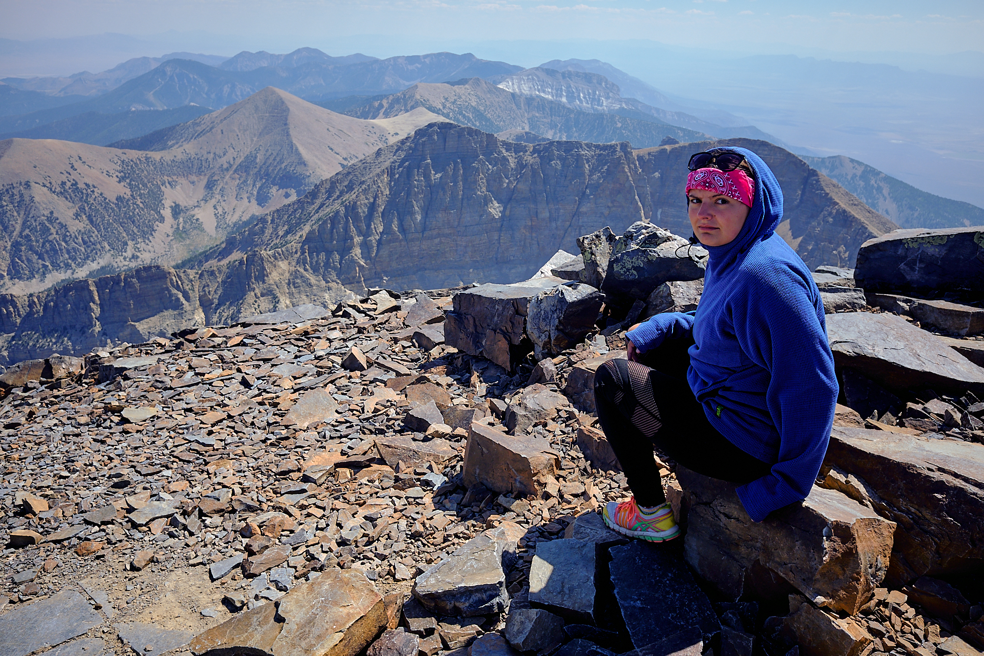 Dani on the summit of Wheeler Peak, very unhappy with what I just made her do. I told her we were just going on a hike but left out the detail that we were climbing to 13,000 feet in smoke filled air. | Great Basin National Park 8/18/18