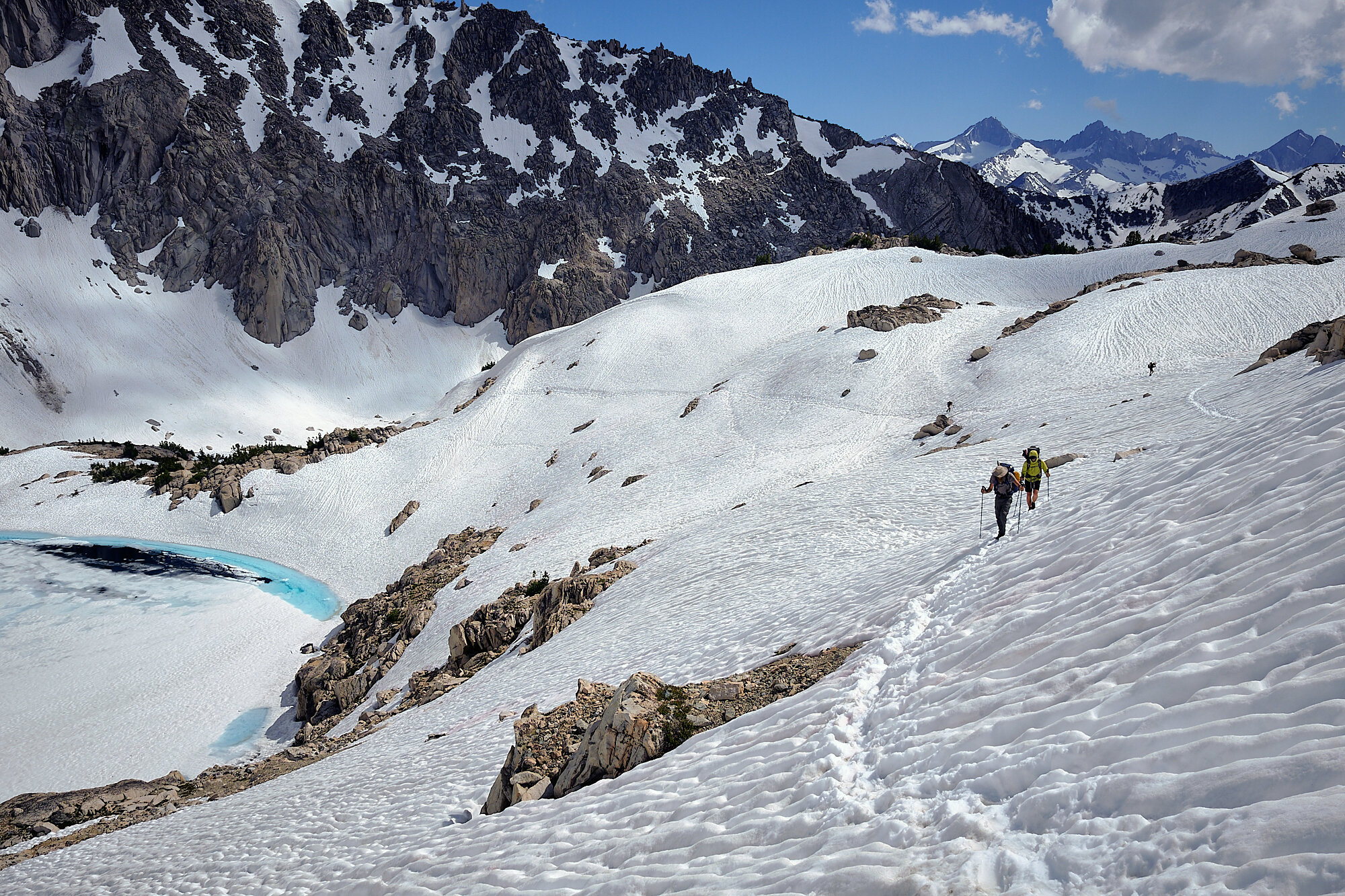  Downhill and Blankie trudge through the slushy late-afternoon snow on the approach to the 11,946 foot Glen Pass. | 6/30/19 Mile 790.0, 11,094' 