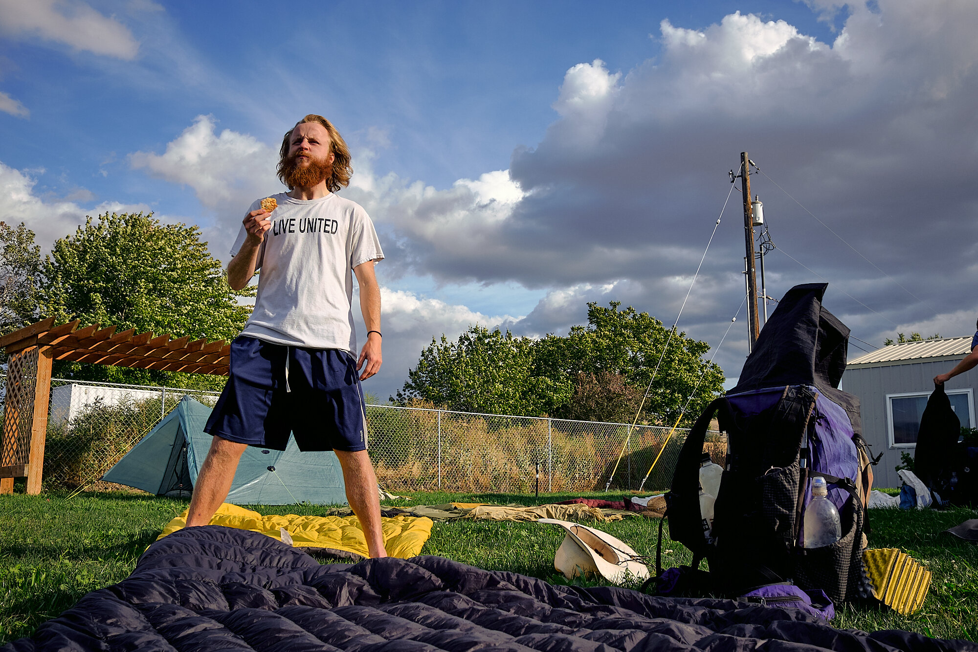  My hiking partner from the AT, Grapenut, lives in Yakima, WA not far from the trail. He picked us up to zero at his house. Here Lebowski eats a cookie while drying his gear after a wet few days. | 9/20/19 Mile 2,323.8, 5,358' 