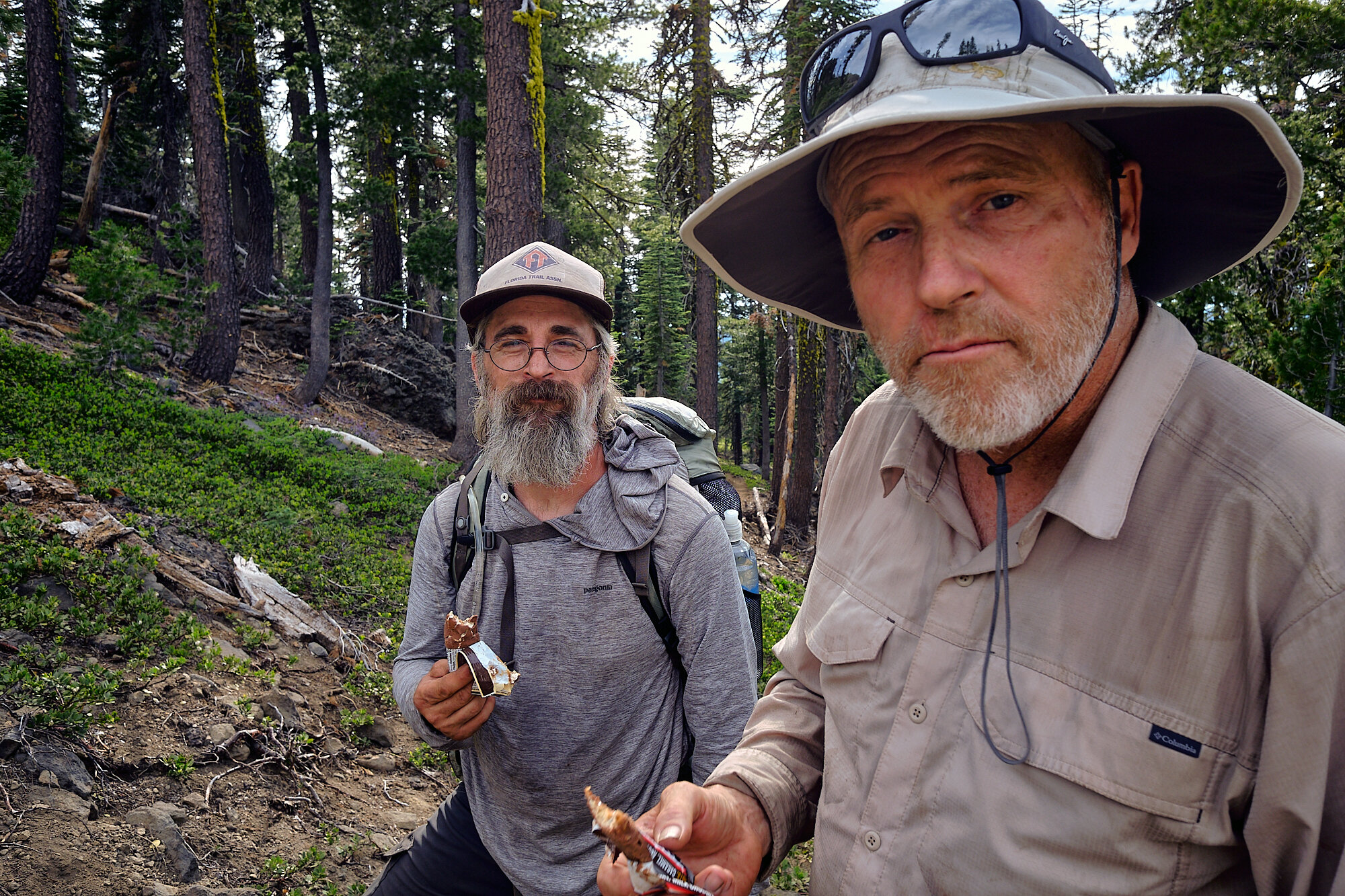  Mark and Paul enjoy a summit Snickers. | 8/5/19 Mile 1,321.6, 7,631' 