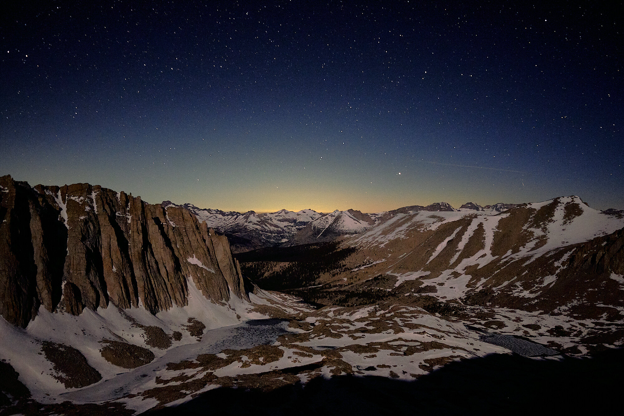  Looking west from the climb up Mt. Whitney at 2:45 am. The climb to the summit is an optional 8-mile spur trail. | 6/26/19 Mile 767.0, 12,512' 