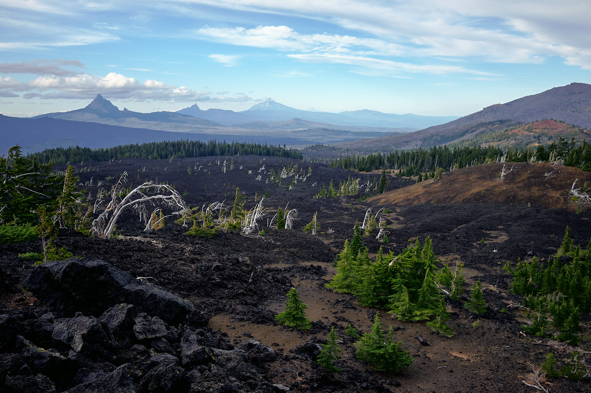  Hiking to camp through the lava fields below North Sister. From front to back are Mt. Washingotn, Three Fingered Jack, Mt. Jefferson and Mt. Hood. | 9/3/19 Mile 1,977.2, 6,277' 