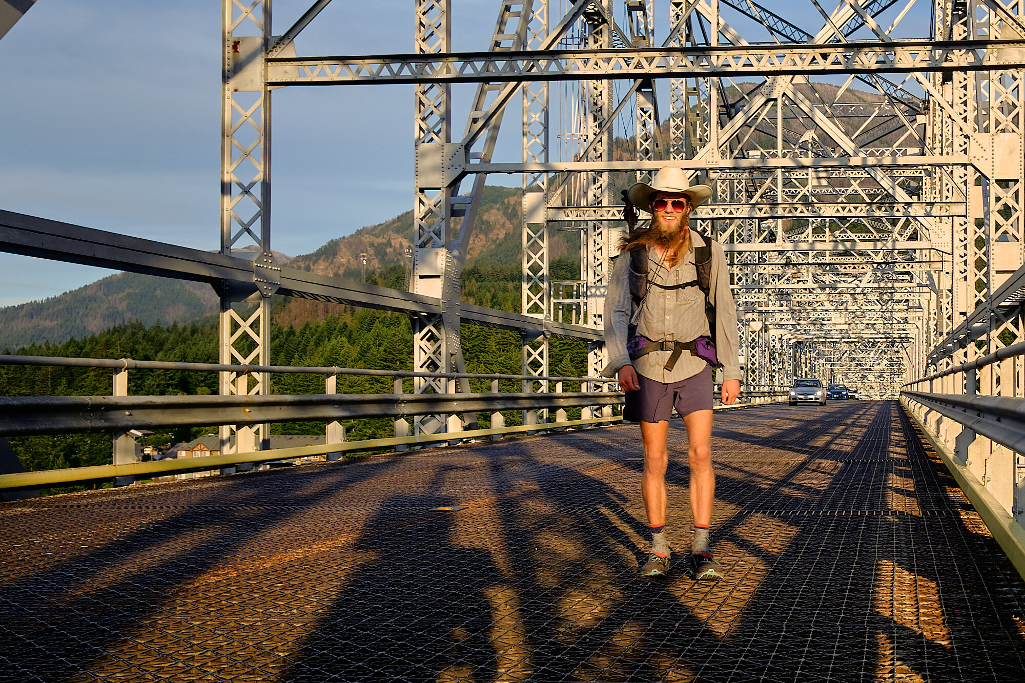  Walking into Washington across the Bridge of the Gods over the Columbia river. The bridge is also the lowest point on the PCT at 151 feet. | 9/12/19 Mile 2,146.9, 151' 