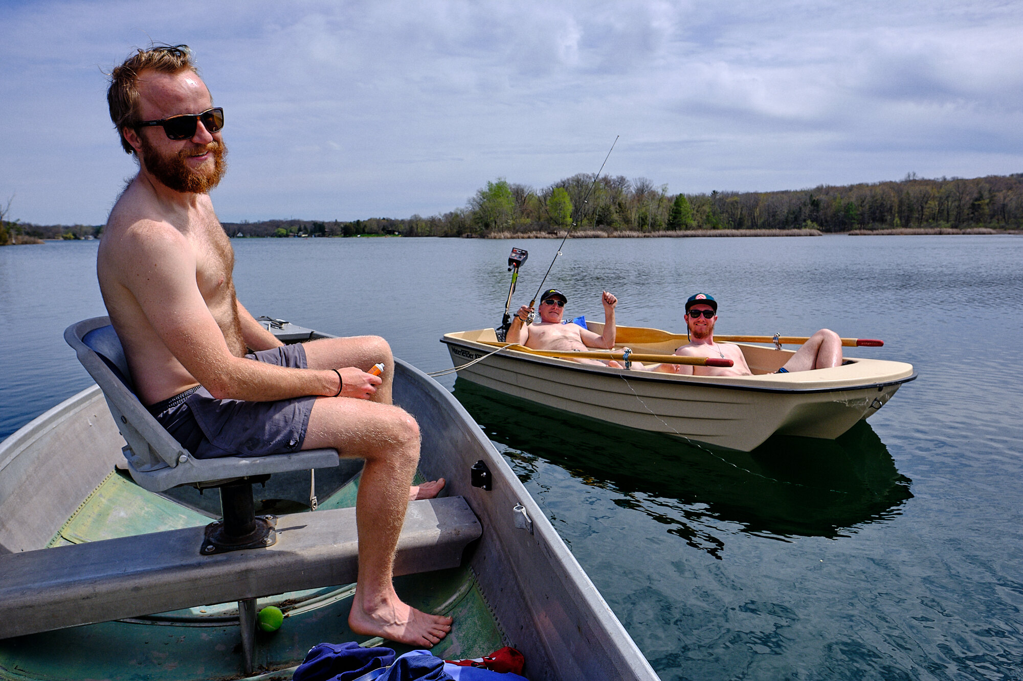  A day spent fishing on an empty lake is always a good day. Here Lebowski and Blankie soak up the sun while Andy lazily works on hooking a prize fish. | 5/4/20 Pinckney, MI 