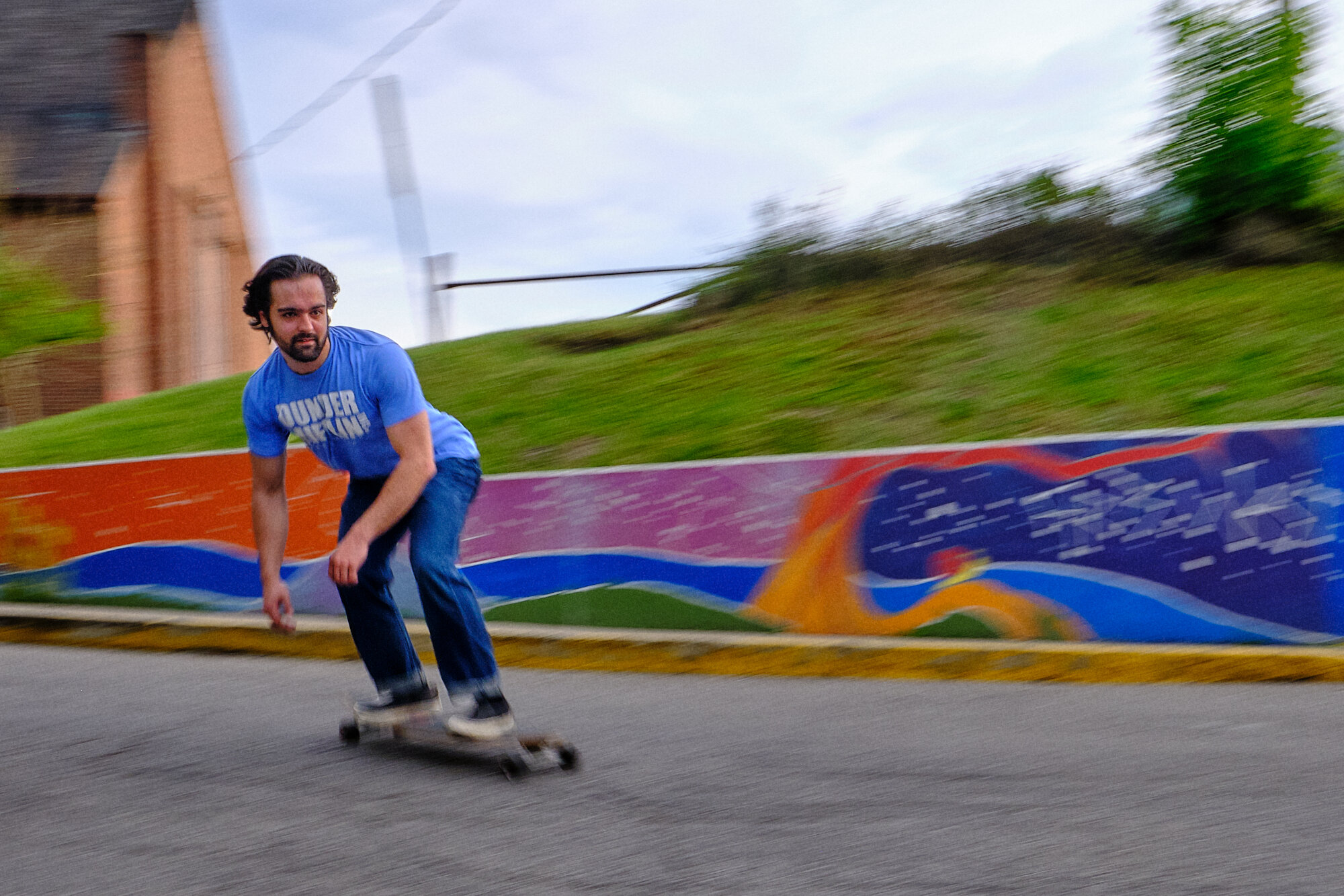  Michael takes the longboard for a few laps down the hill in the West End. | Athens, OH 5/18/20 