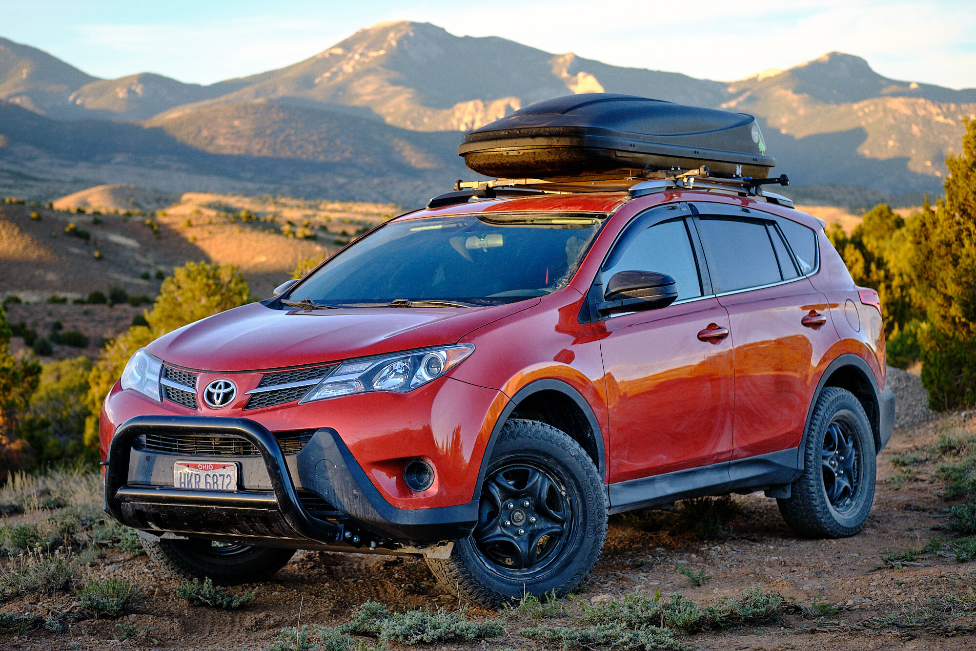  At long last, I customized my RAV4 to be both a living space and a halfway serious off-road machine. Exterior upgrades were made to suspension, ride height, tires, front end protection and a roof mounted sliding solar panel.  Click here  for the ful