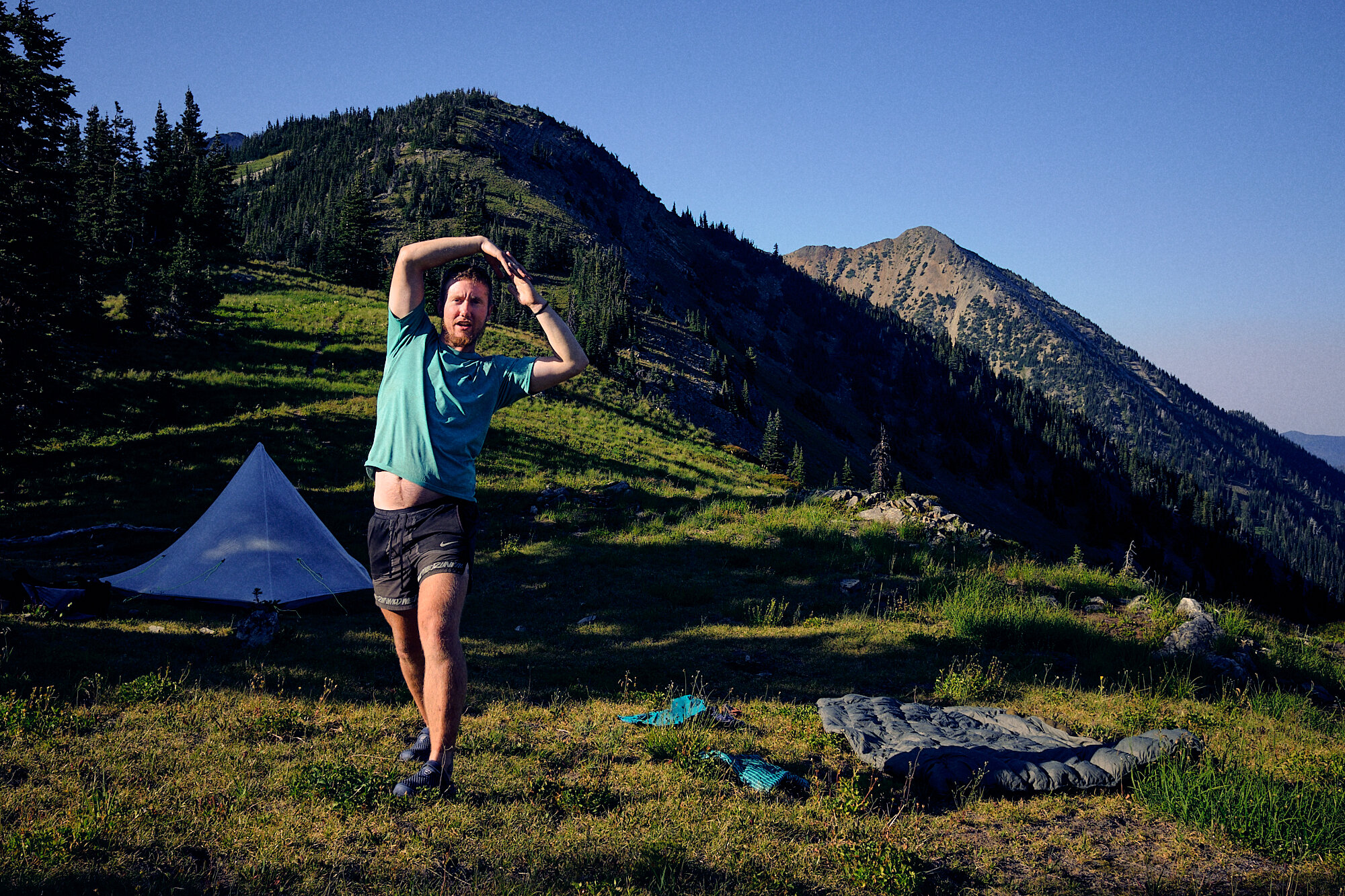  Blankie stretches out in the fading warmth of yet another excellent day in the mountains. | 8/4/21 Mile 700.3 6,520' Pasayten Wilderness, Washington 