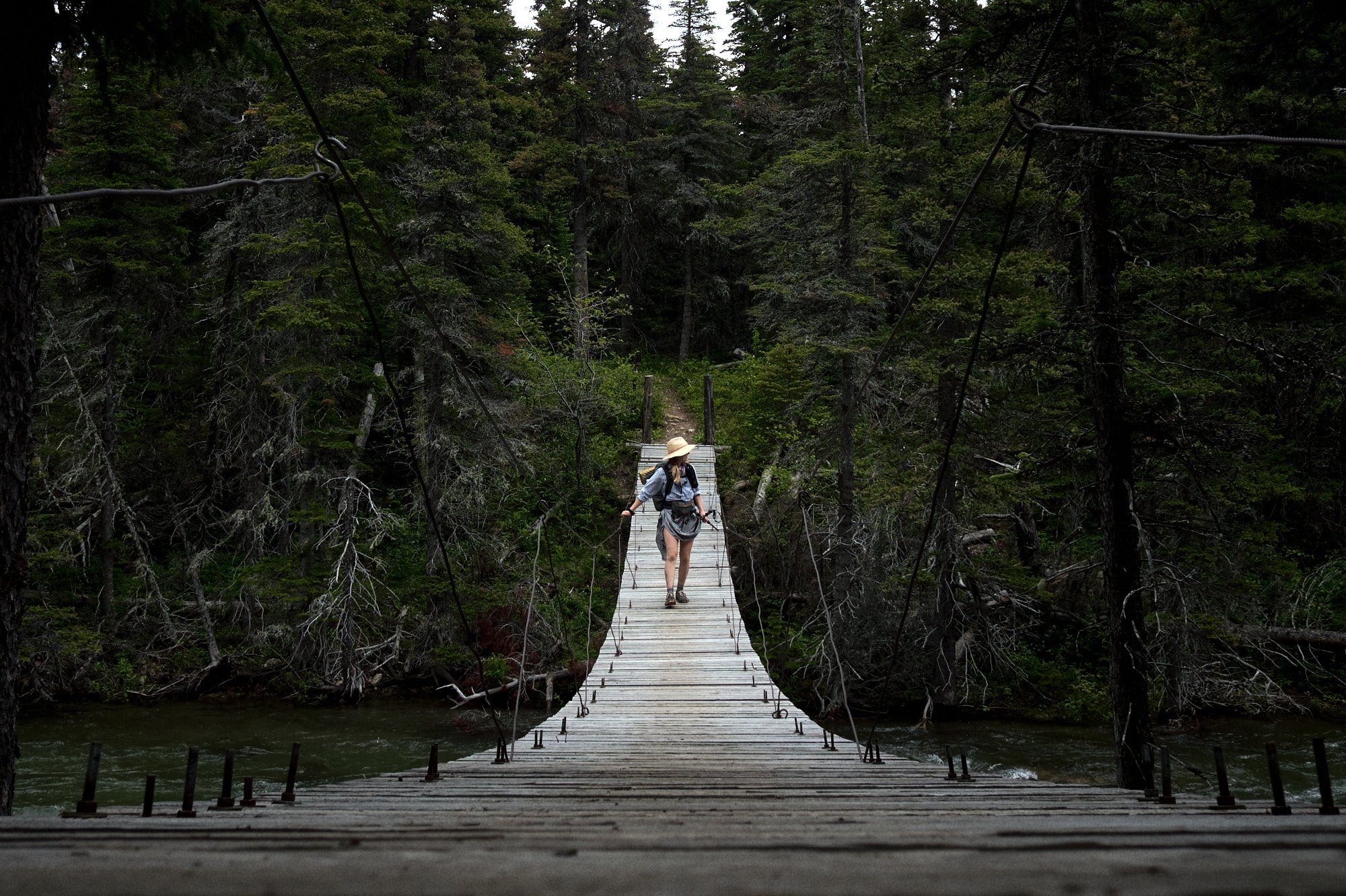 Noisy crosses the Belly River suspension bridge. | Glacier National Park, MT 6/22/22 Day 1