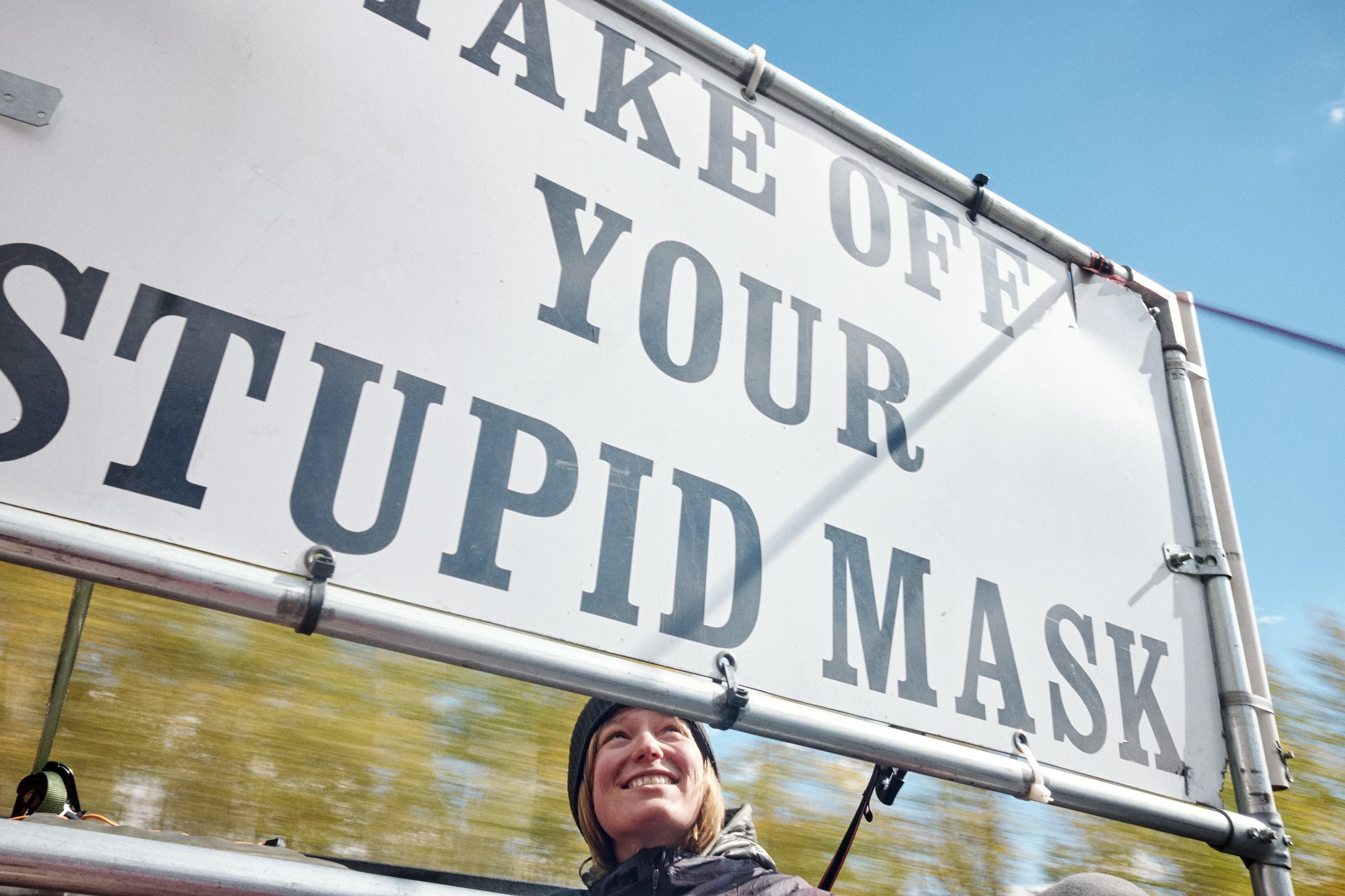 Some Texans in a pickup offered to take us into Lake City, CO, but said we would have to squeeze around their over-engineered sign. | Lake City, CO 9/16/22 Day 87