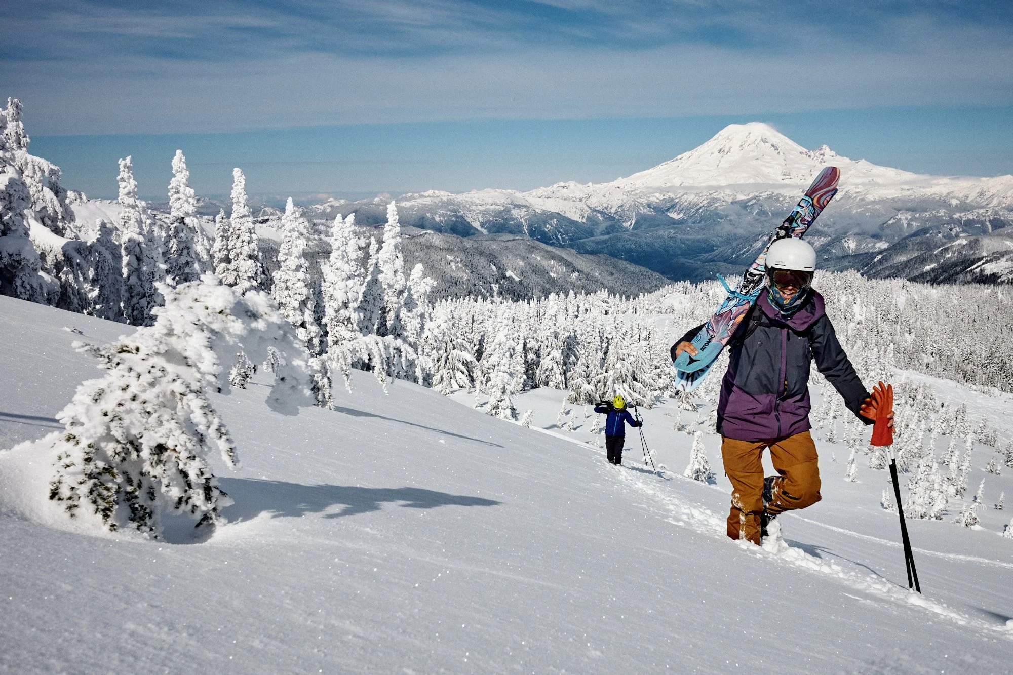  Grapenut and Lebowski on the bootpack to Hogback Mountain at White Pass Ski Area with Mt. Rainier in the background. | 3/14/23 Naches, WA 