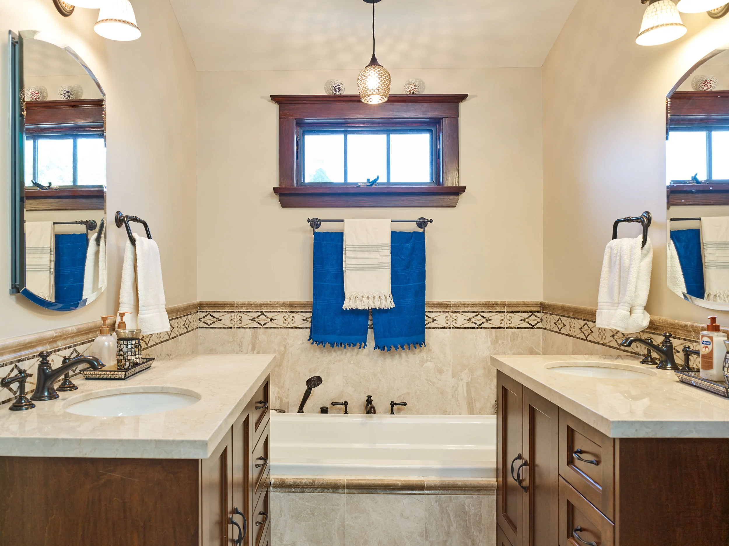Additional master bath to the upper floor gives both parties their own personal vanity and sink.