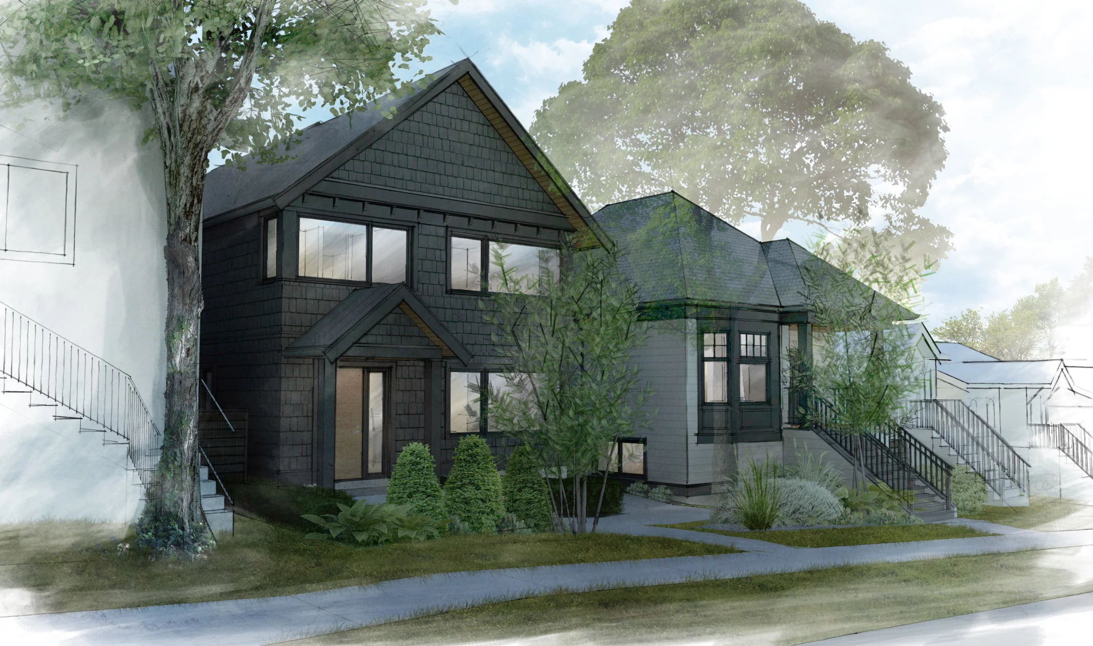 Renderings of the finished product from the front of the property. 