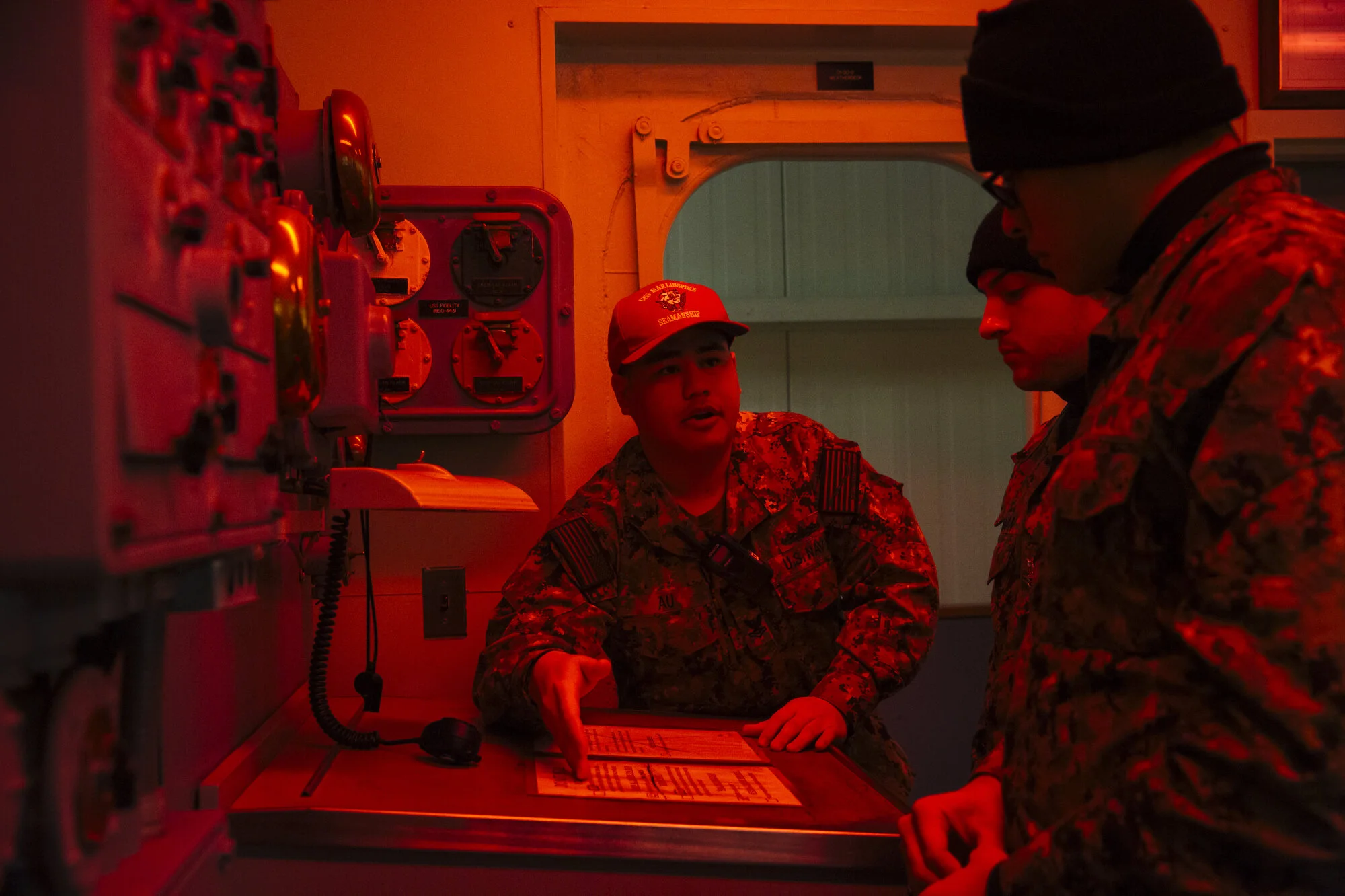  Recruits give instructions over radio during Marlinspike at Naval Station Great Lakes on Friday Feb. 14, 2020 in North Chicago, Ill. Their primary mission is to simulate getting the boat underway and entering port. They are graded on attention to de