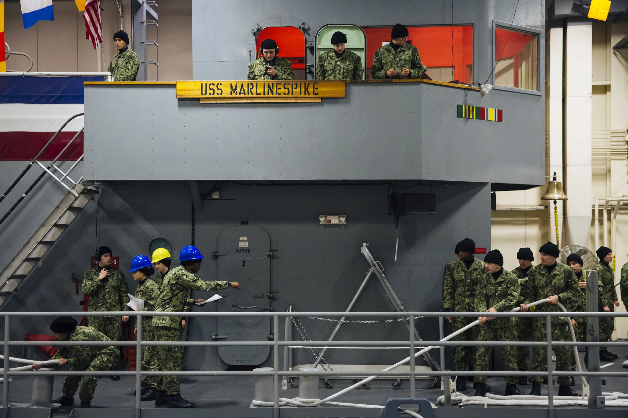  Recruits simulate getting a ship underway and entering port during Marlinspike at Naval Station Great Lakes on Friday Feb. 14, 2020 in North Chicago, Ill. They are graded on attention to detail, teamwork, communication and motivation. CREDIT: Taylor