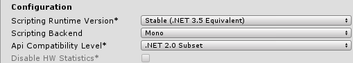 The fairly confusing .NET Framework/Runtime configuration panel in Unity.