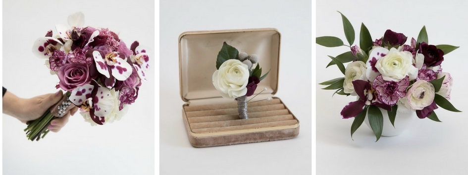 Bouquet; Ranunculus boutonniere accented with gray Brazilia berries; and a cocktail arrangement. SKC Photography