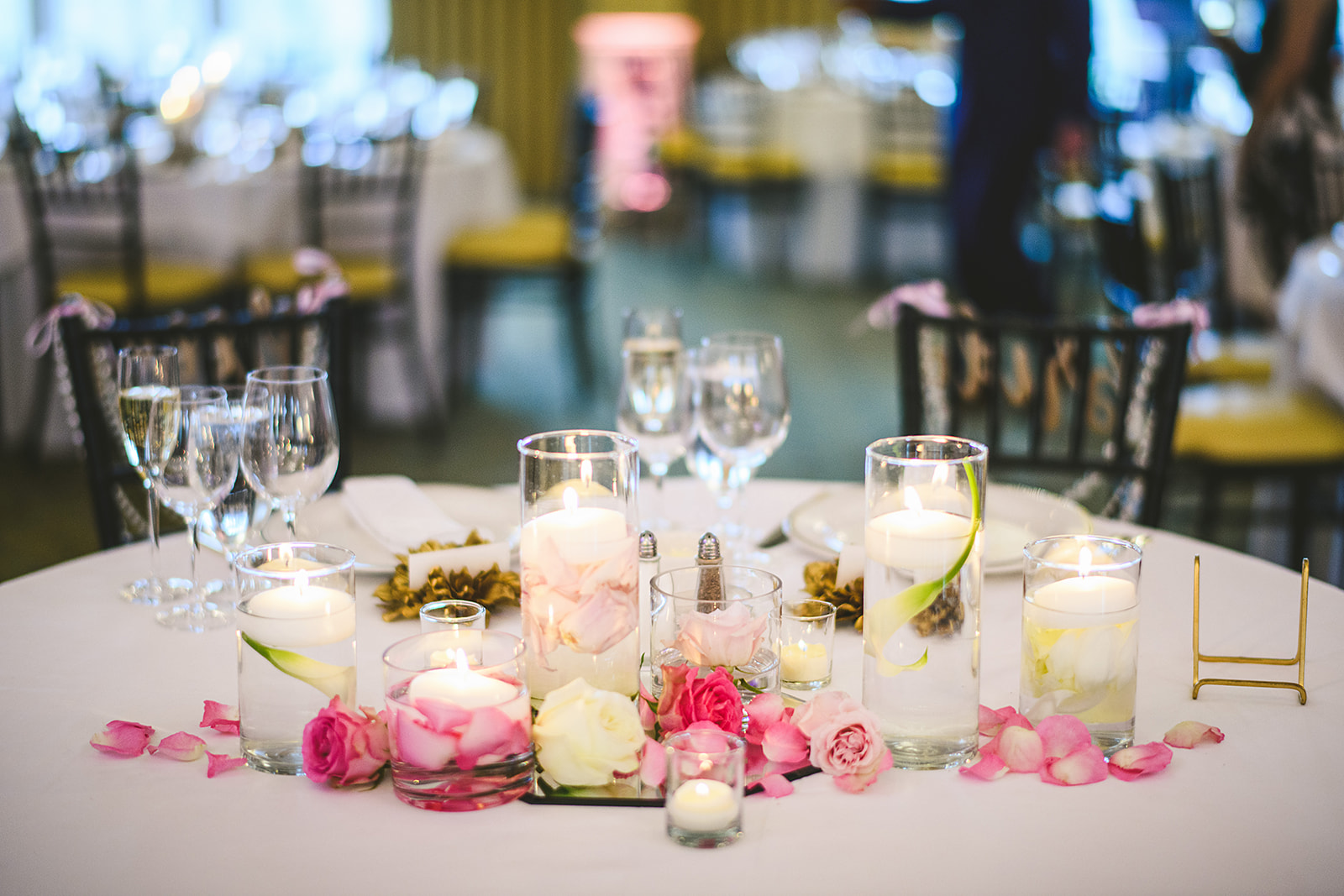  Atelier Ashley Flowers + Sam Hurd Photography + Washington Golf and Country Club + Diamond and Pearl Wedding + sweetheart table + floating candles + rose petals 