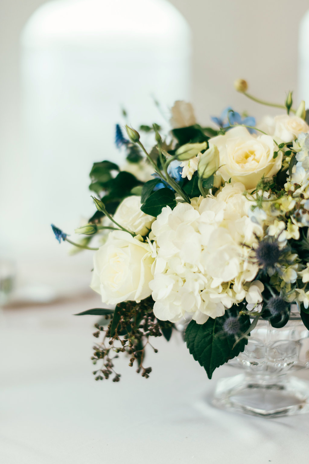  Atelier Ashley Flowers + Woodlawn + Pope Leighhey House + Anna Reynal Photography + DC Weddings + DC Florist + centerpiece + dusty blue and white 