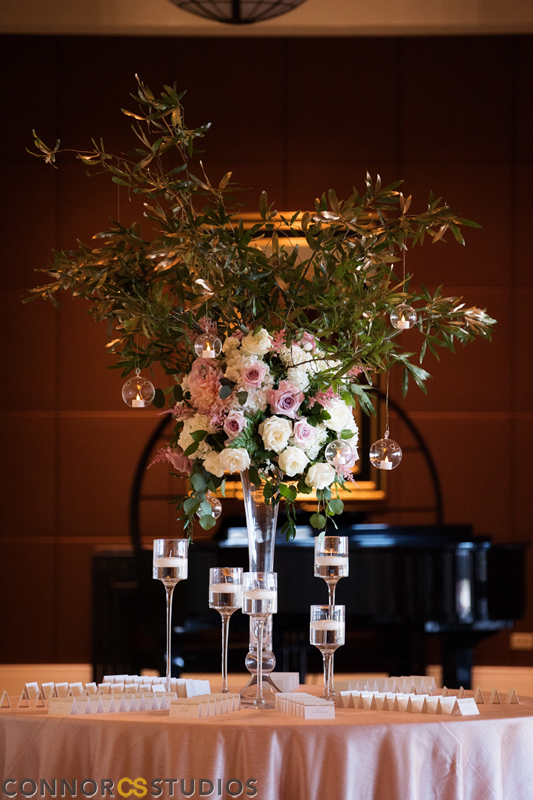 Atelier Ashley Flowers +Erin and Ryan + Mandarin Oriental + Connor Studios + Ivory and Blush + Wedding Flowers + tall centerpiece