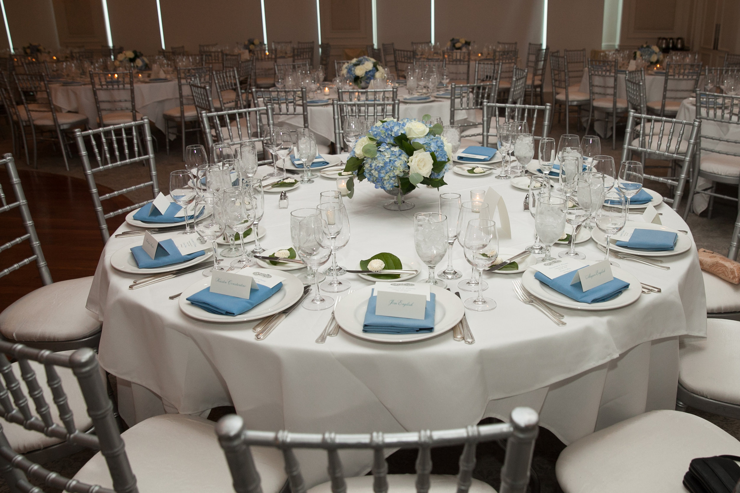  Atelier Ashley Flowers + Dusty Blue + Borrowed and Blue Photography + Congressional Country Club + DC wedding + table set up + low centerpiece 