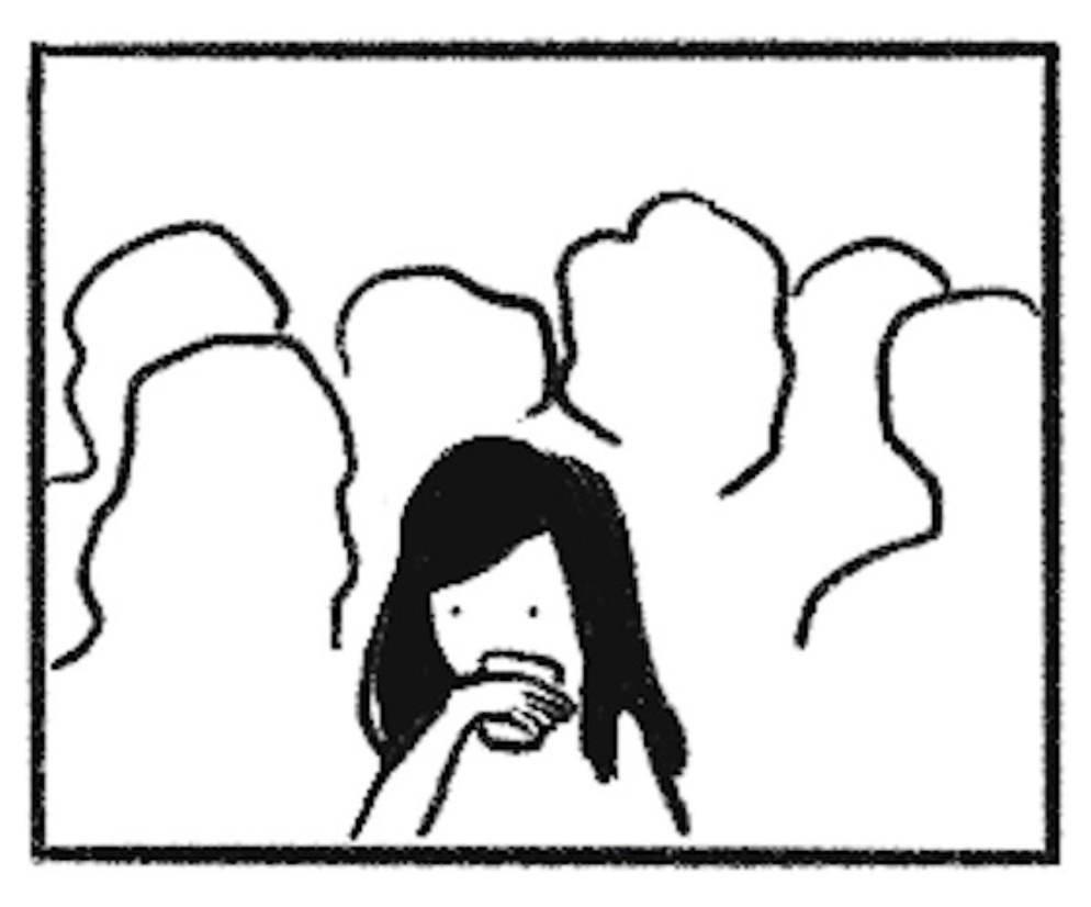 Drawing of a person with dark hair drinking from a glass, with an indistinct crowd in the background composed of wavy shapes.