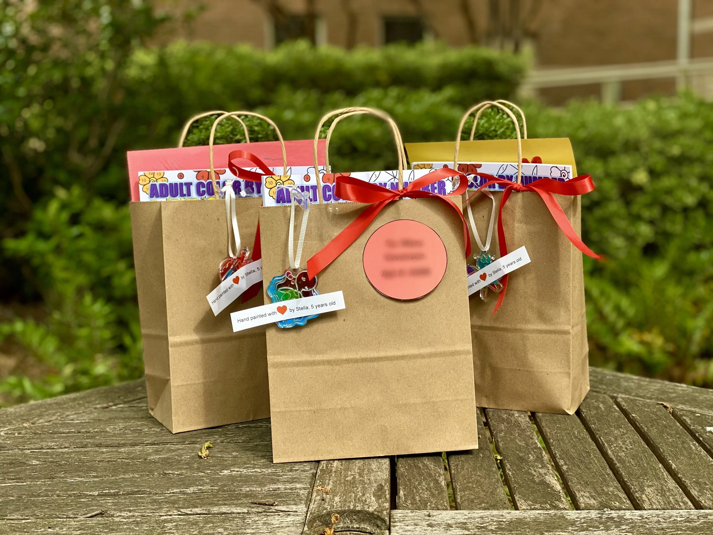 Sunshine bags were filled with game books, coloring pencils and coloring books from our Amazon Wishlist.