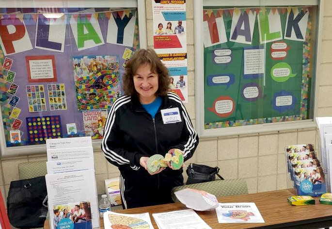 Shirley presenting about brain health at a local elementary school in early 2020.