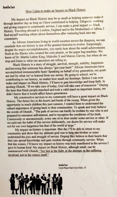 An essay that Jamila wrote at the age of 16 about black history and her community impact.