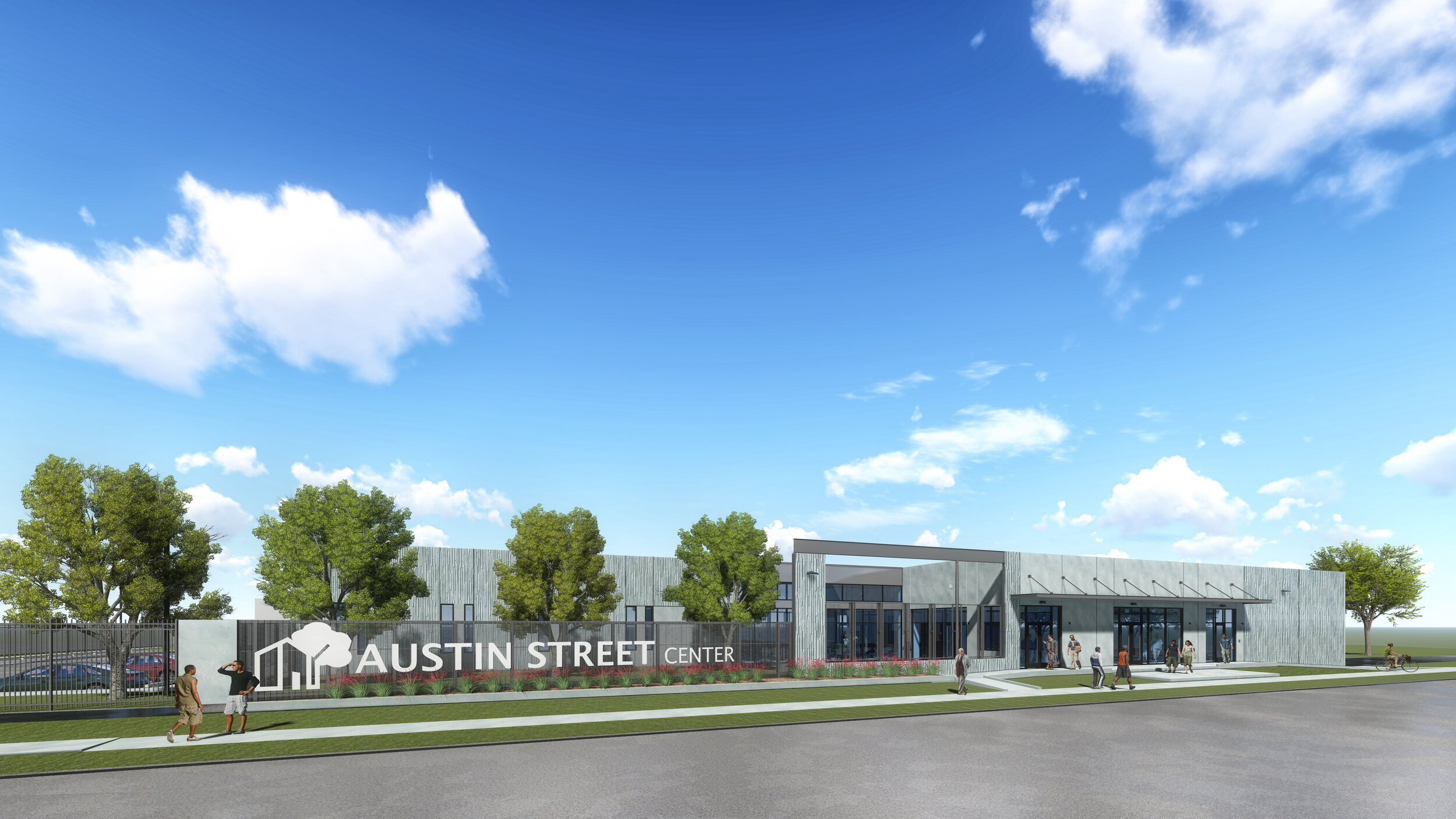 The proposed front elevation for the new Austin Street Community Engagement Center in downtown Dallas.