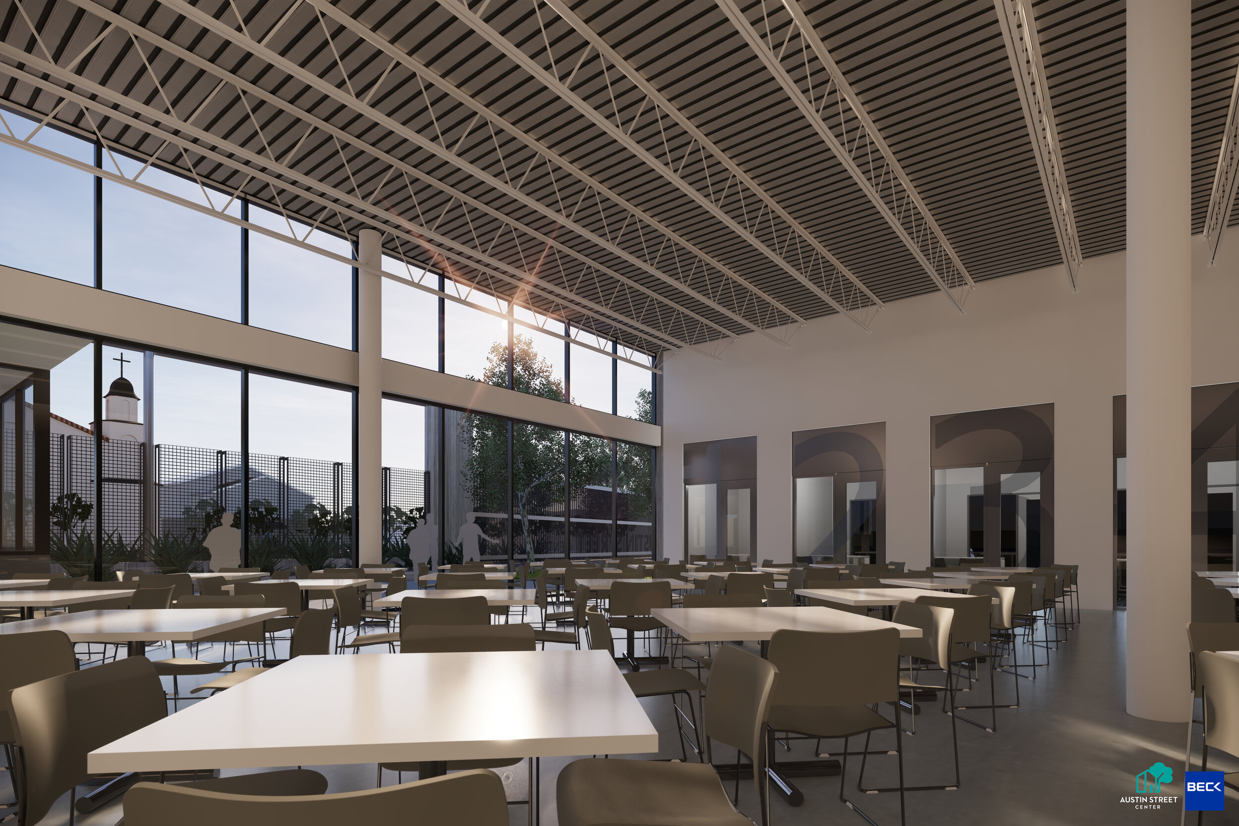 The proposed interior design for the new Austin Street Community Engagement Center dining room.