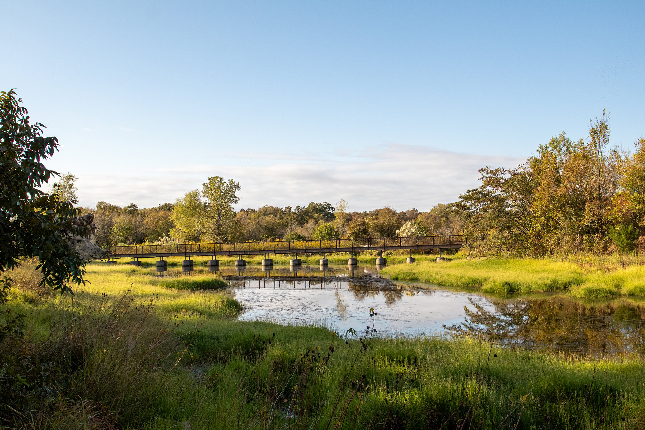A pedestrian bridge crossing a pond near the trailhead on a cool autumn morning.