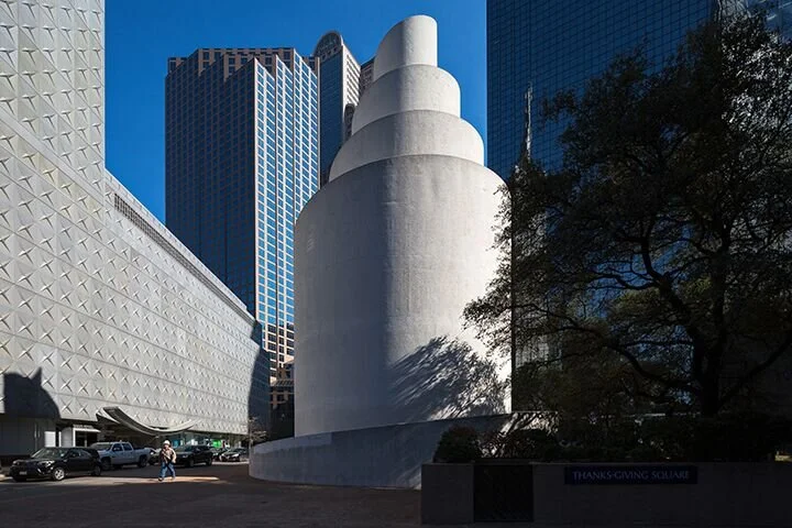 Outside Thanks-Giving square in downtown Dallas.