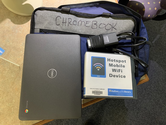 A set of chromebook and hotspot mobile Wi-Fi device available for check-out at the Dallas Public Library.