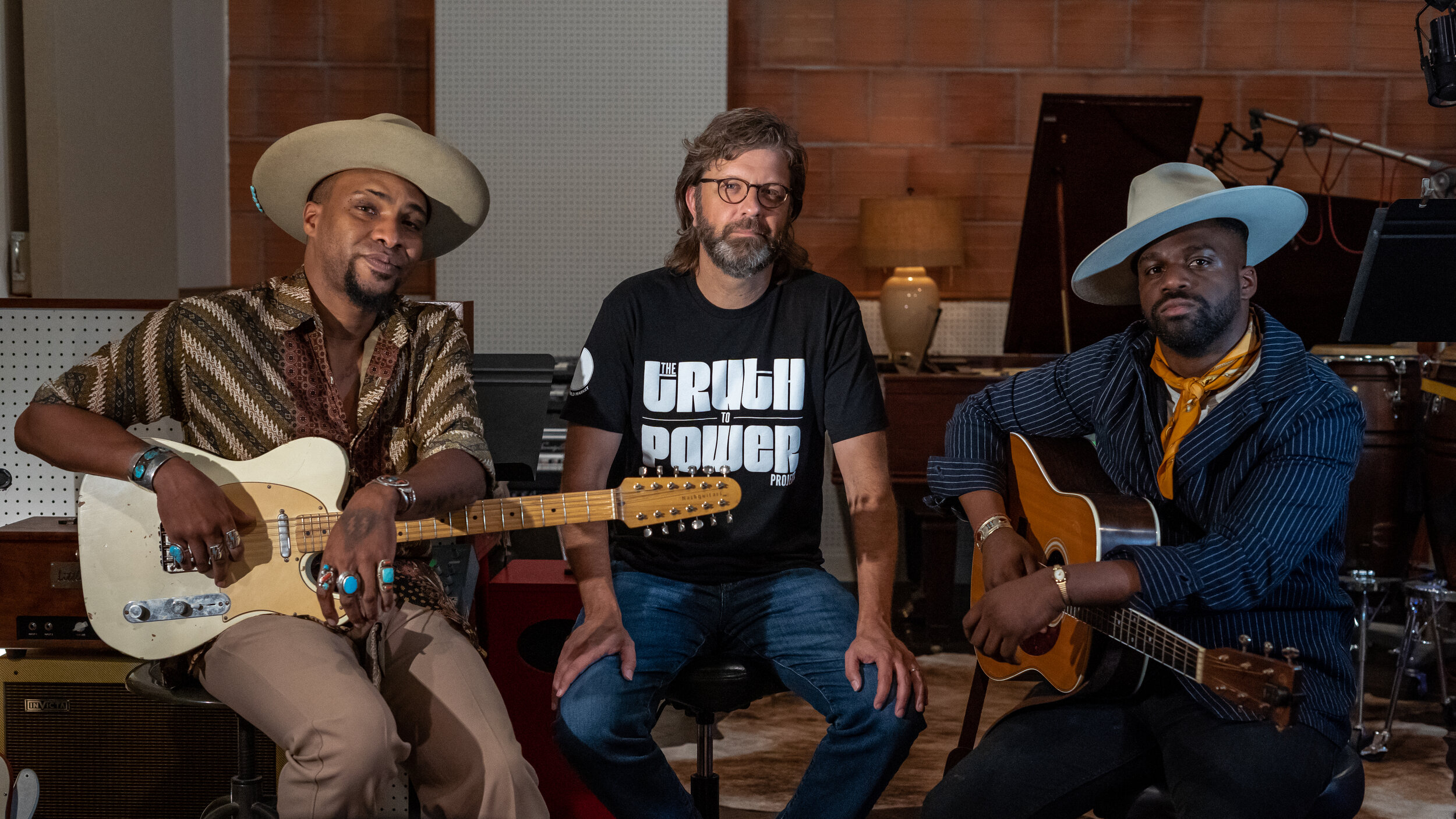 L to R: Keite Young, Jeff “Skin” Wade, Abraham Alexander at at Niles City Studio in Fort Worth.