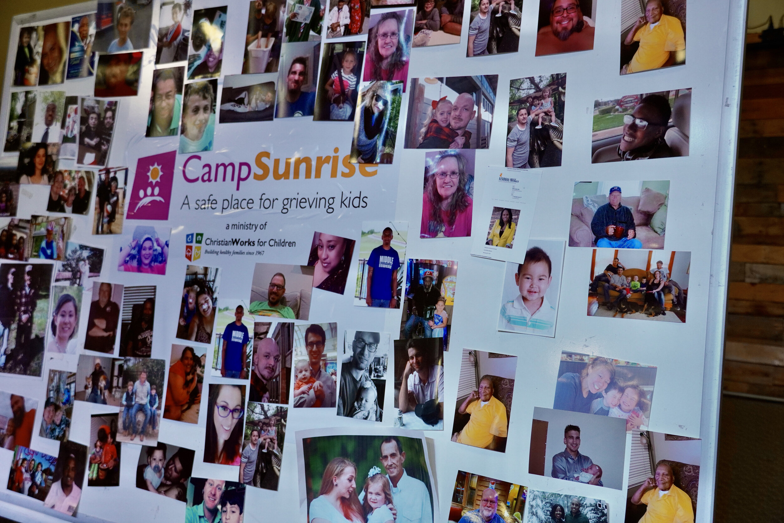  73 campers and 60 volunteers attended Camp Sunrise last weekend. A memory board with photos of loved ones is shared by the kids for all to understand who they have lost. 