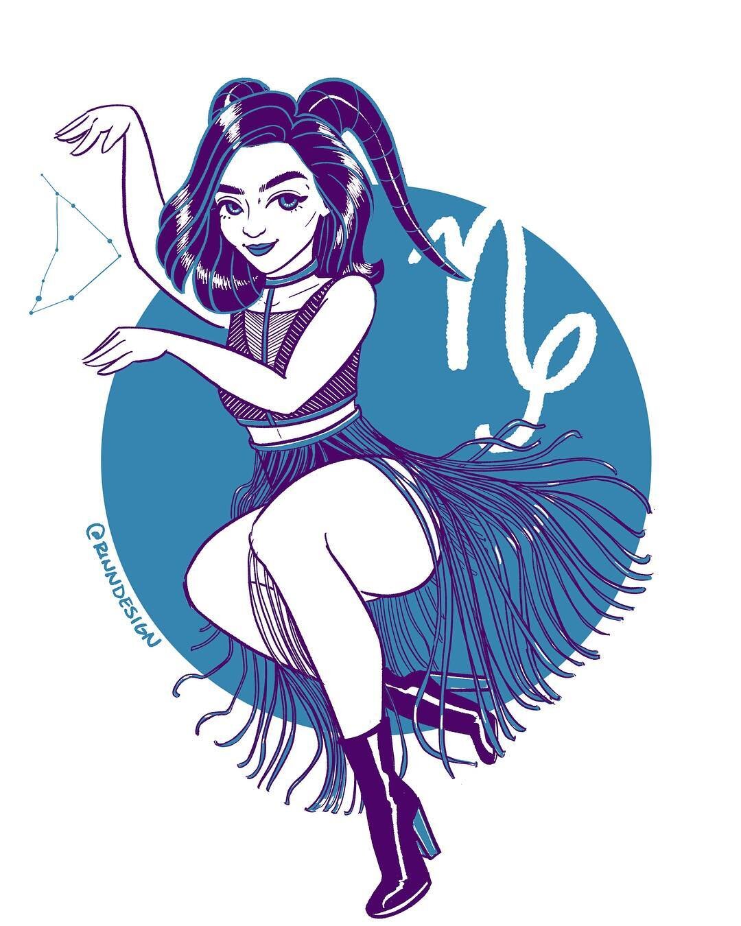 inktober | astro | capricorn .
@marielookastar as her star sign, Capricorn!  Caps are practical, ambitious, wise, and patient.  The symbol of Capricorn is the sea goat, so i brought in the horns and designed a fluid fringe skirt.
.
.
.
.
.
#inktober 