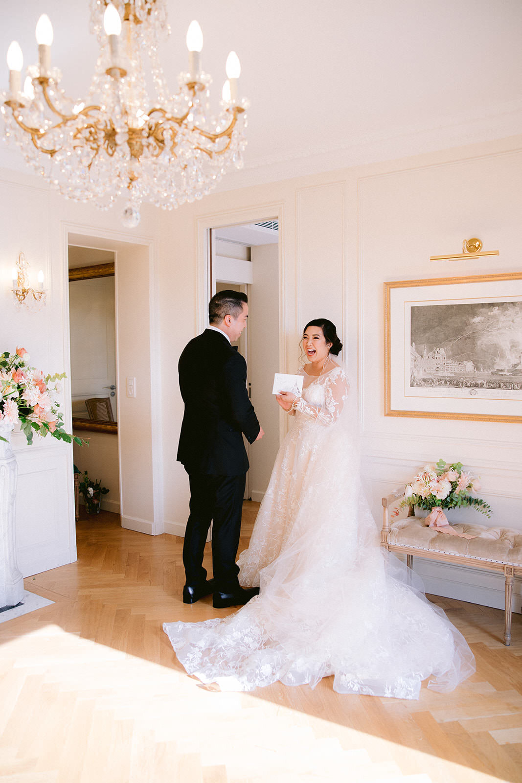 Brides and Groom's first look photoshoot for their destination Paris wedding