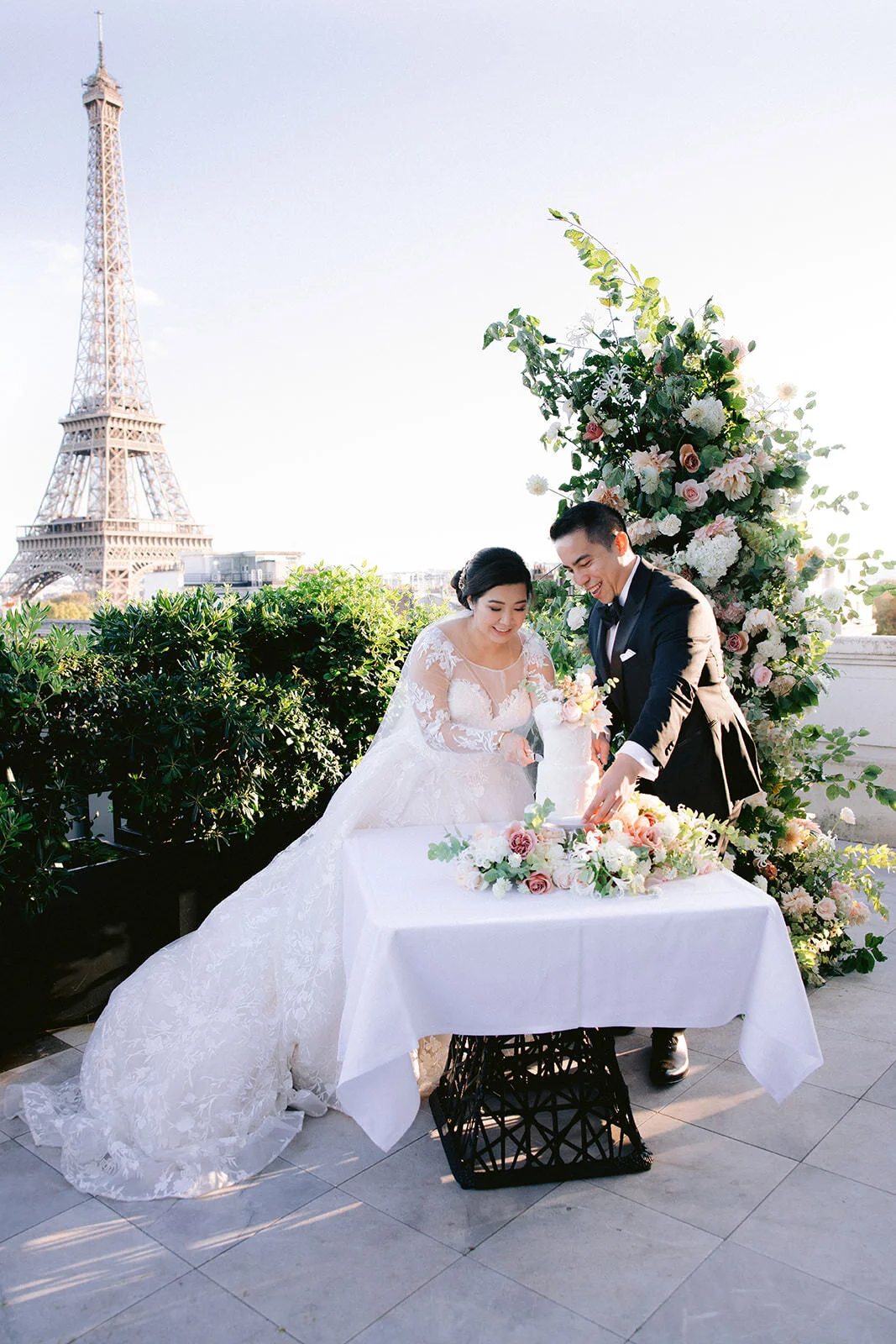 Paris Destination Wedding rooftop ceremony overlooking the Eiffel