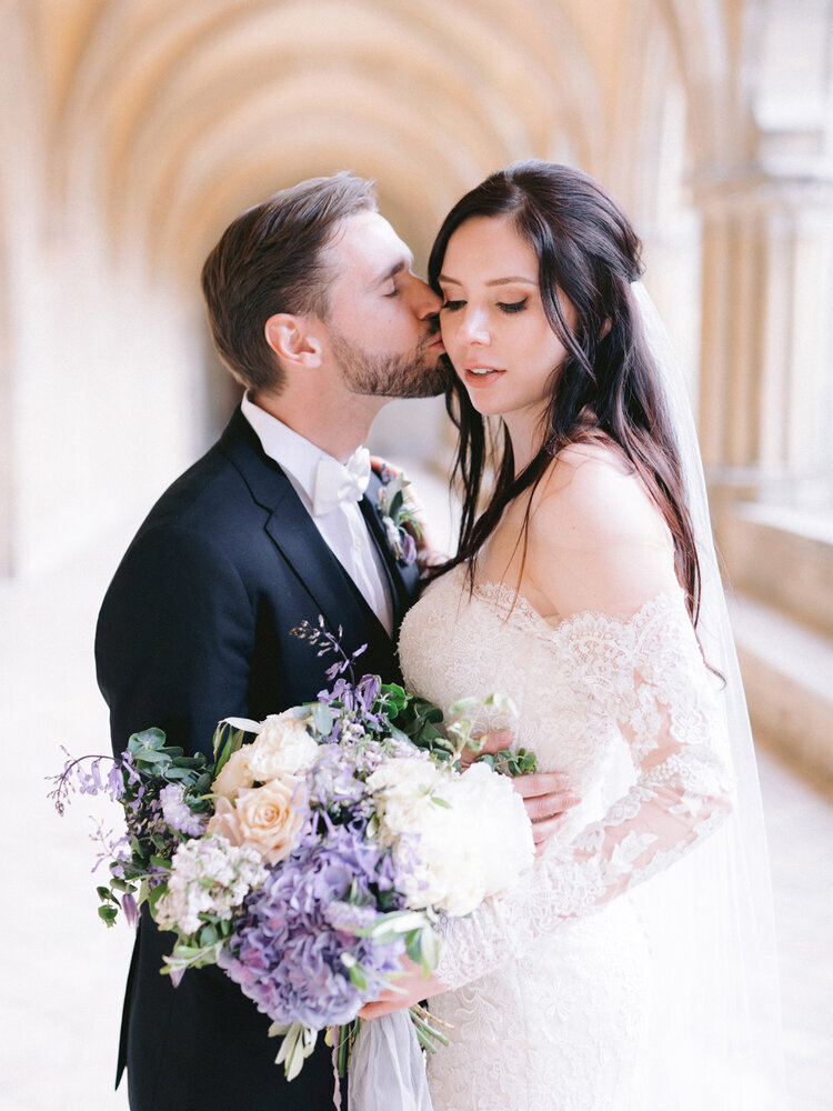  Mallory with her groom Marcos  for her French Destination Château Wedding at Château du Vivier - neutral glamour eyes and peachy lip color with dark brown loose wavy hair. Make up applied by english-speaking makeup artist,  Onorina Jomir, owner of O