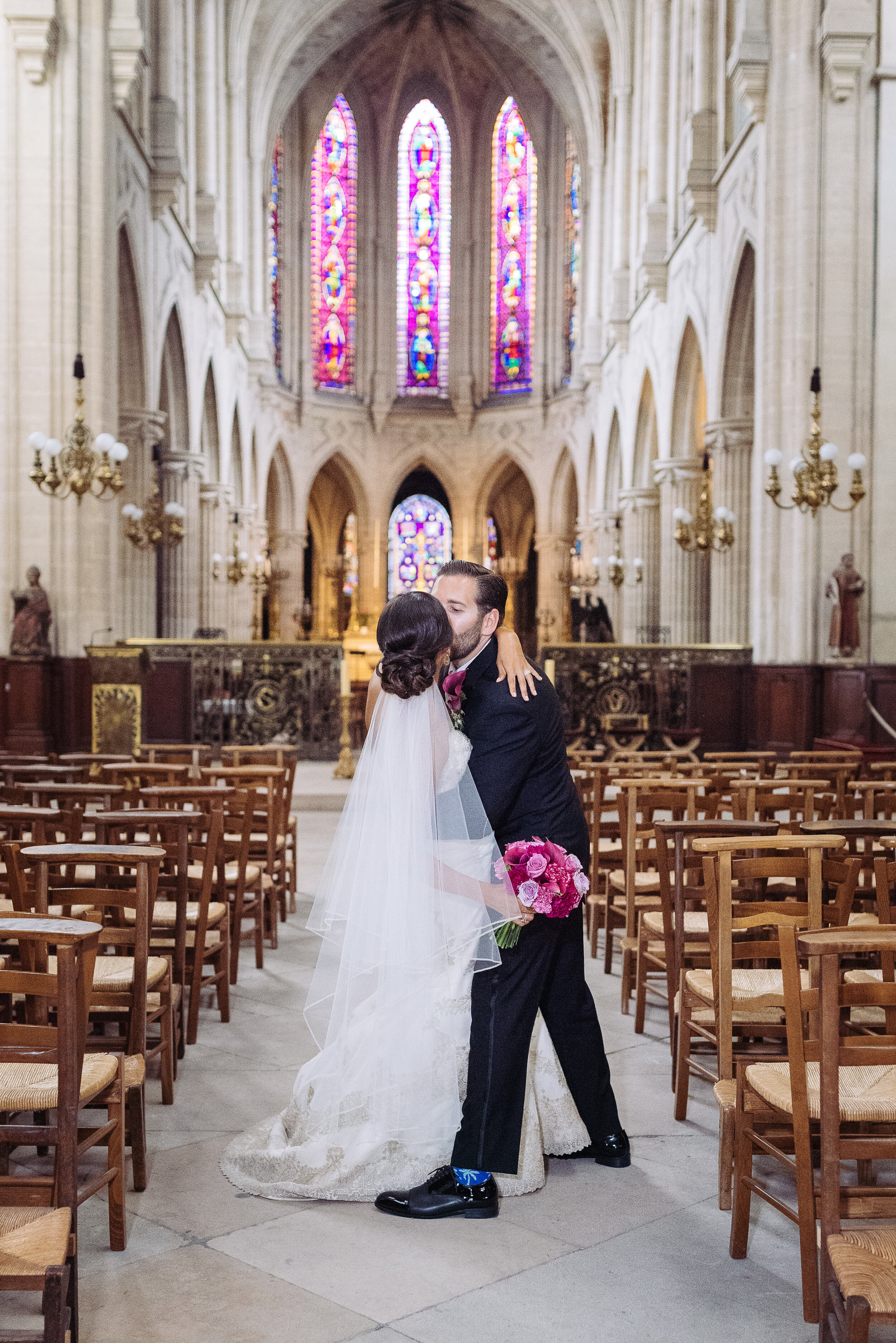 Destination Wedding at the American Church in Paris, Kiss at the Alter, Makeup and Hairstyling by Onorina Jomir Beauty, Paris, France.
