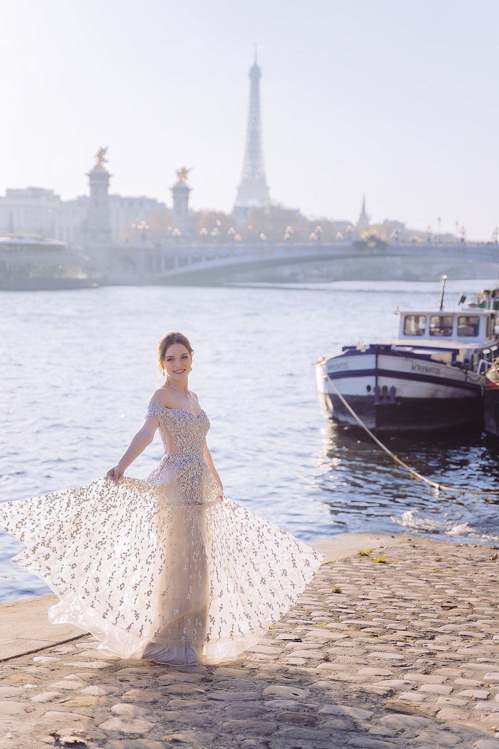  Blonde hair updo, parisian red lip with  glitter gown lingerie for boudoir and Paris photoshoot in Paris France. Makeup and hairstyling by Onorina Jomir Beauty. 