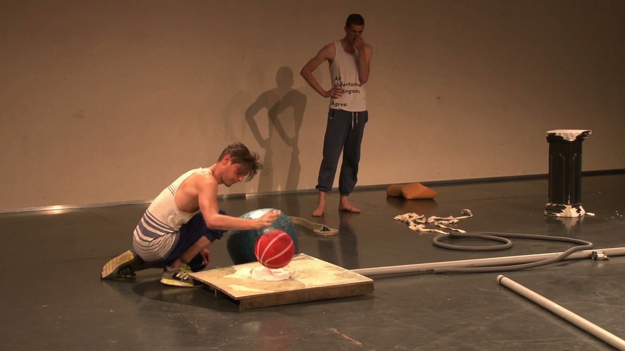 2 performers inhabit a stage strewn with whole- and part-objects. They talk to each other continuously while they try to make sense of the rubbish surrounding them.