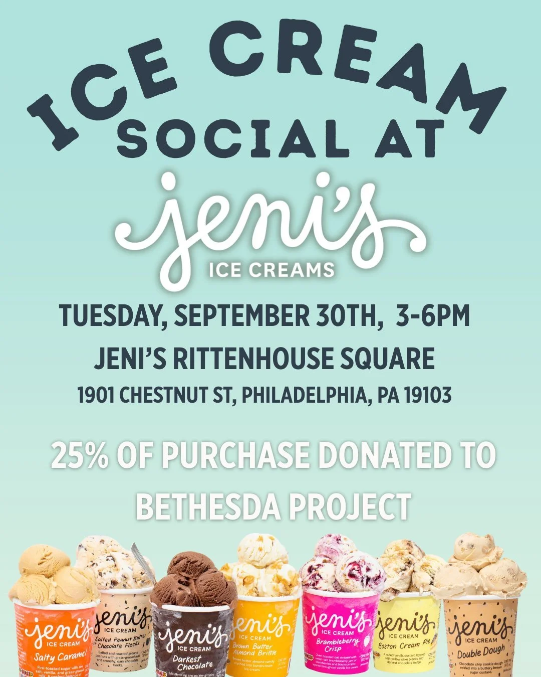 We've got sweet treat o'clock covered on September 30th. Stop by @jenisicecreams Rittenhouse Location and grab a mid-day ice cream from 3 - 6pm, 25% of all ice cream purchases sold during this time will be donated to us, Bethesda Project! Nothing is 