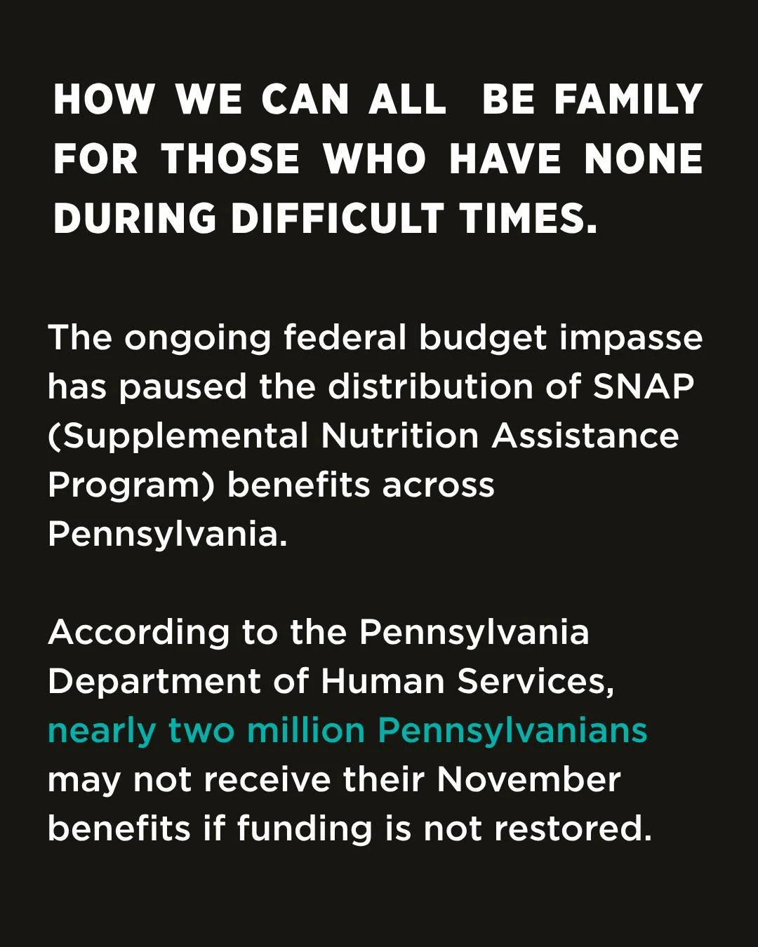 ‼️SAVE & SHARE‼️ The ongoing federal budget impasse has paused the distribution of SNAP (Supplemental Nutrition Assistance Program) benefits across Pennsylvania. According to the Pennsylvania Department of Human Services, nearly two million Penns
